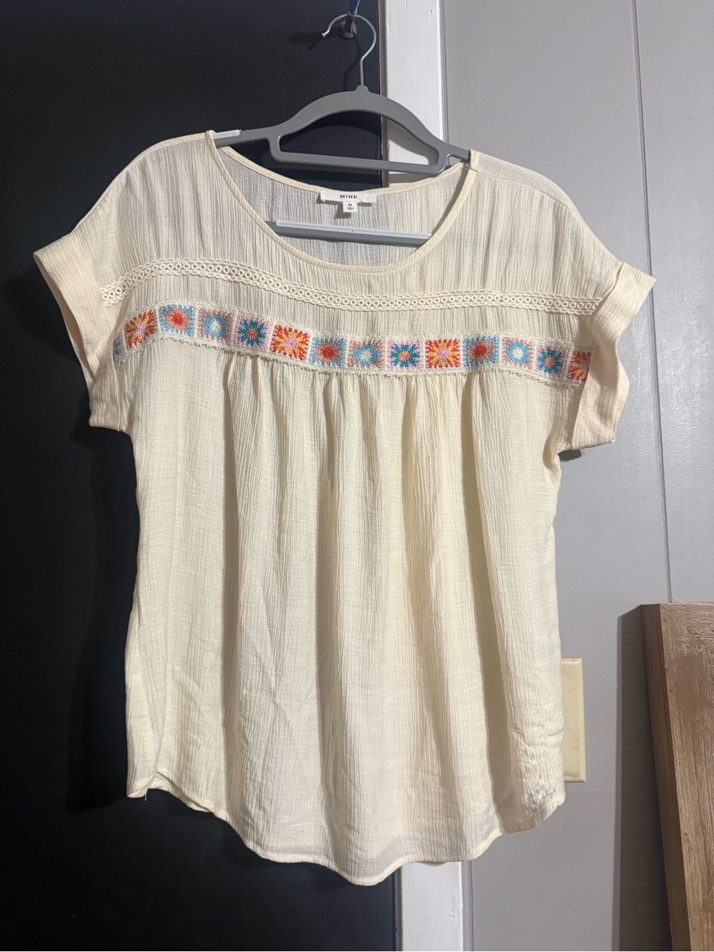 mine Cream Short Sleeve Embroidered Peasant Top with Orange & Blue Trim